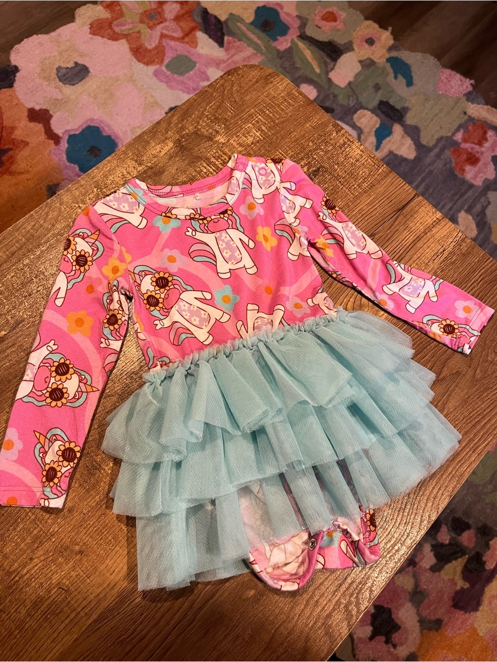 Posh Peanut “groovy unicorn” Print Bodysuit with Light Blue Tulle Skirt